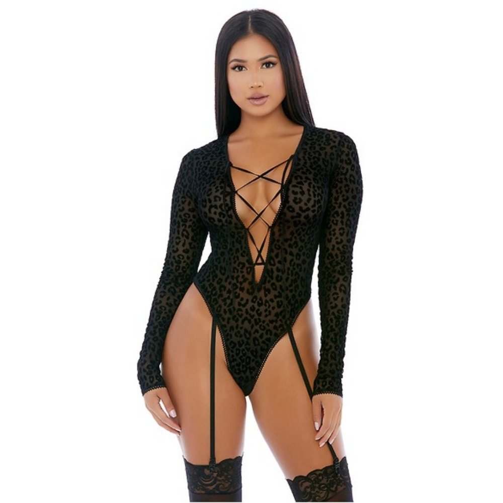 Black Cheetah Print Lustful Long Sleeve Teddy